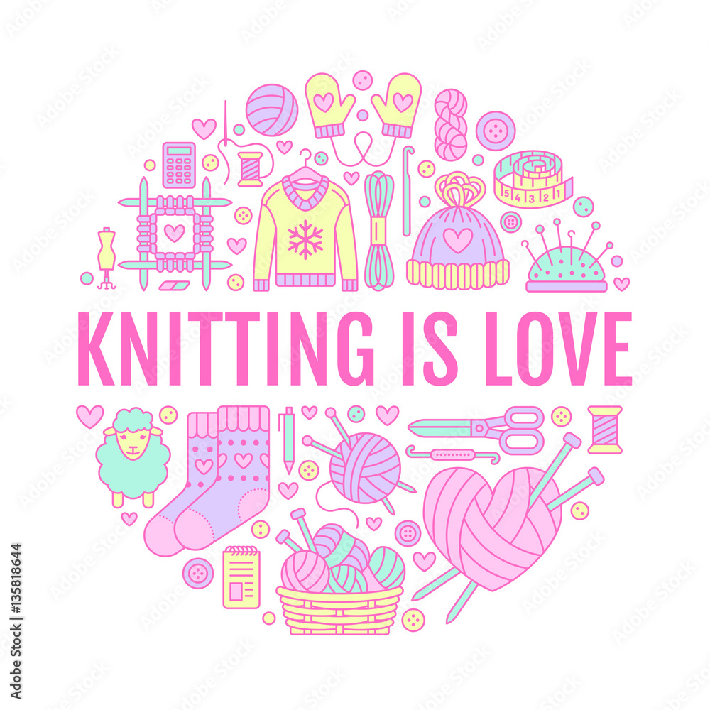 Knitting, crochet, hand made banner illustration. Vector line icon knitting needle, hook, scarf, socks, pattern, wool skeins and other DIY equipment. Yarn or tailor store template with place for text.