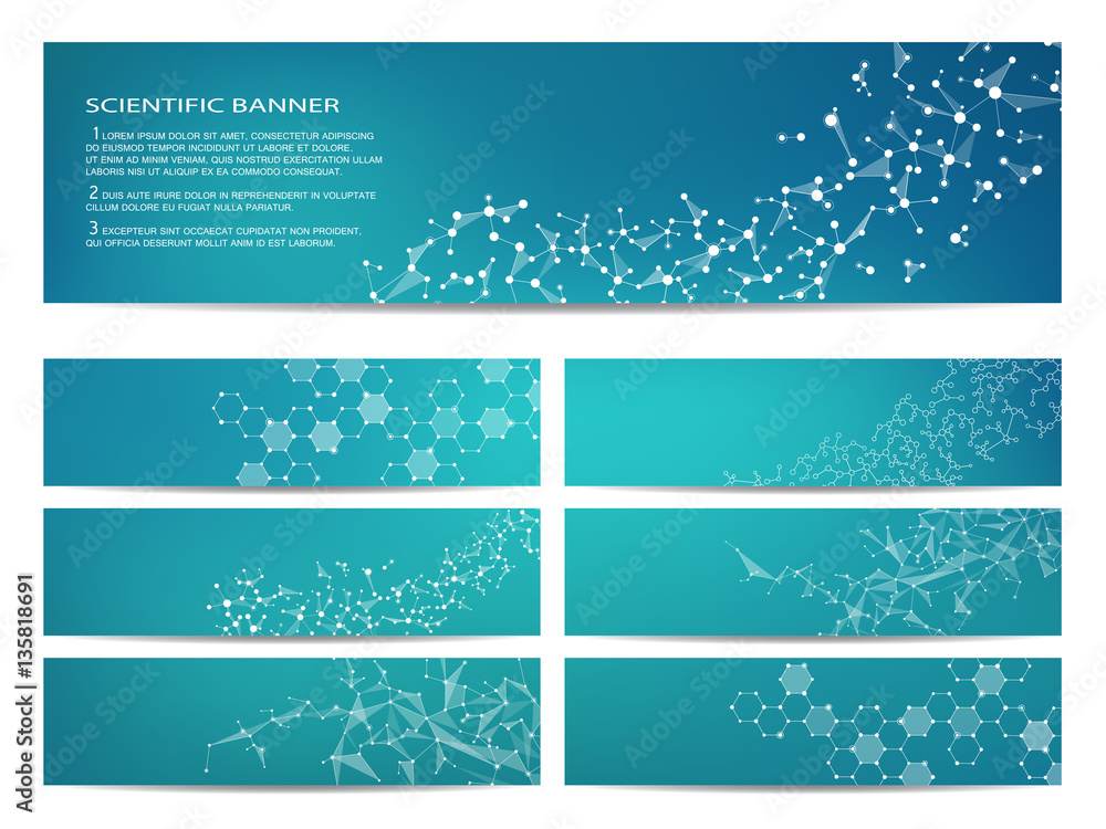 Set of modern scientific banners. Molecule structure DNA and neurons. Abstract background. Medicine, science, technology, business, website templates. Scalable vector graphics. Set of modern scientific banners. Molecule structure DNA and neurons. Abstract background. Medicine, science, technology, business, website templates. Scalable vector graphics.