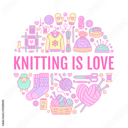 Knitting, crochet, hand made banner illustration. Vector line icon knitting needle, hook, scarf, socks, pattern, wool skeins and other DIY equipment. Yarn or tailor store template with place for text.