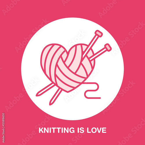 Knitting shop line logo. Yarn store flat sign, illustration of wool skeins with knitting needles.