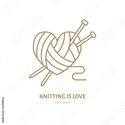 Knitting shop line logo. Yarn store flat sign, illustration of wool skeins with knitting needles.