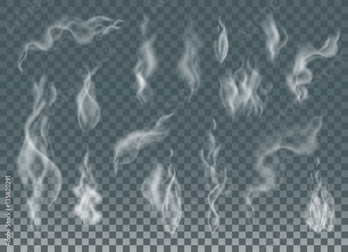 Realistic cigarette smoke waves or steam on transparent background.