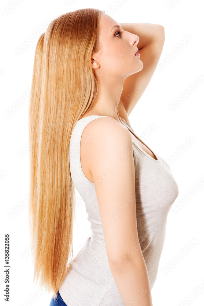 Blond hair. Beautiful woman with straight long hair. Blond hair. Beautiful woman with straight long hair.