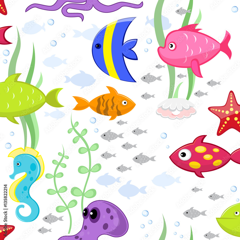 Naklejka premium Cartoon fishes vector seamless pattern