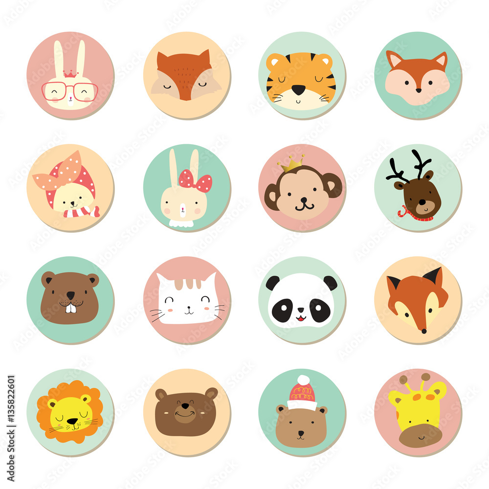 Cartoon icon collection with rabbit,fox,tiger,monkey,reindeer,pa Cartoon icon collection with rabbit,fox,tiger,monkey,reindeer,pa