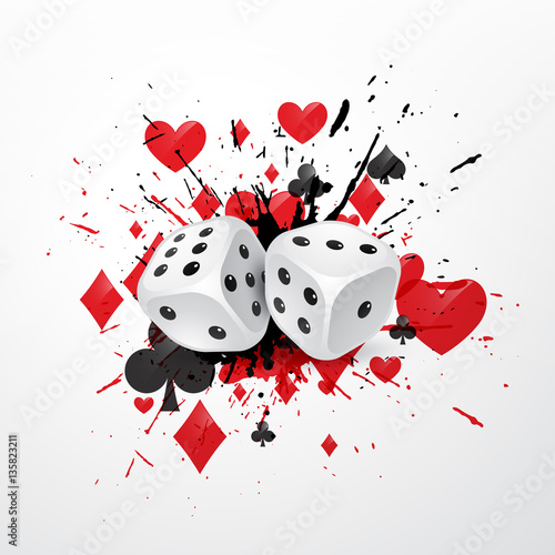 abstract dice background with splatter and playing card symbols