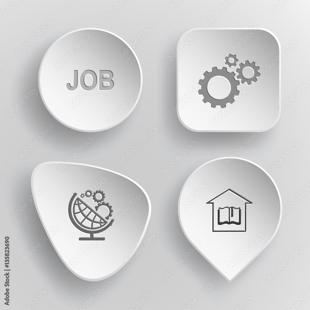 4 images: job, gears, globe and gears, library. Business set. Wh 4 images: job, gears, globe and gears, library. Business set. Wh