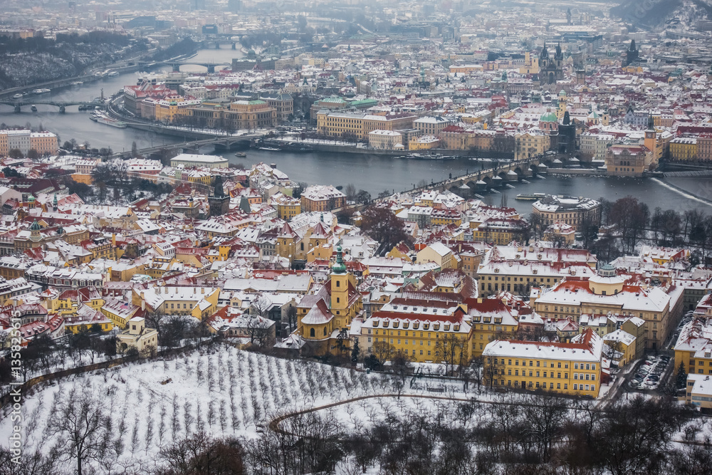 Aerial view of Prague under the snow in winter