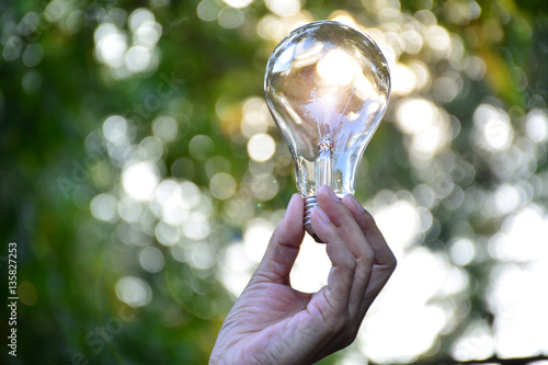 Hand of person holding light bulb for idea or success or solar energy photo