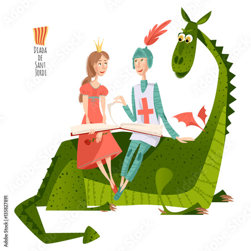 Princess and knight read a book sitting on a back of a dragon. Diada de Sant Jordi (the Saint George’s Day). Traditional festival in Catalonia, Spain.  photo