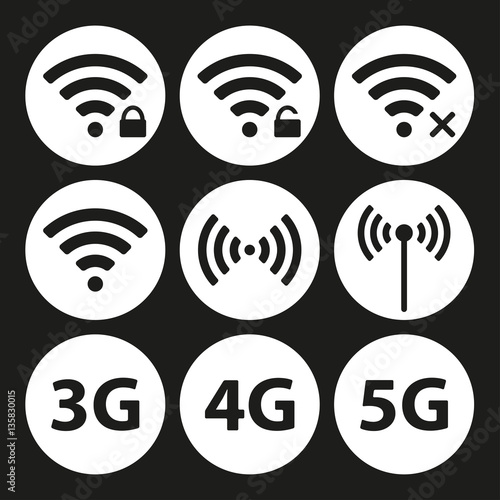 Wifi and wireless icon set for remote internet access. Podcast vector symbols. 3G  4G and 5G technology signs. Vector illustration.