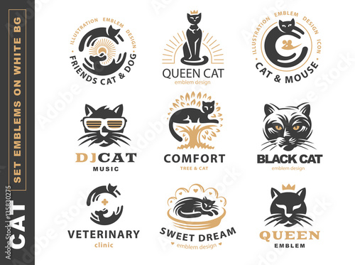 Set logo illustration with cat, emblem design on white background