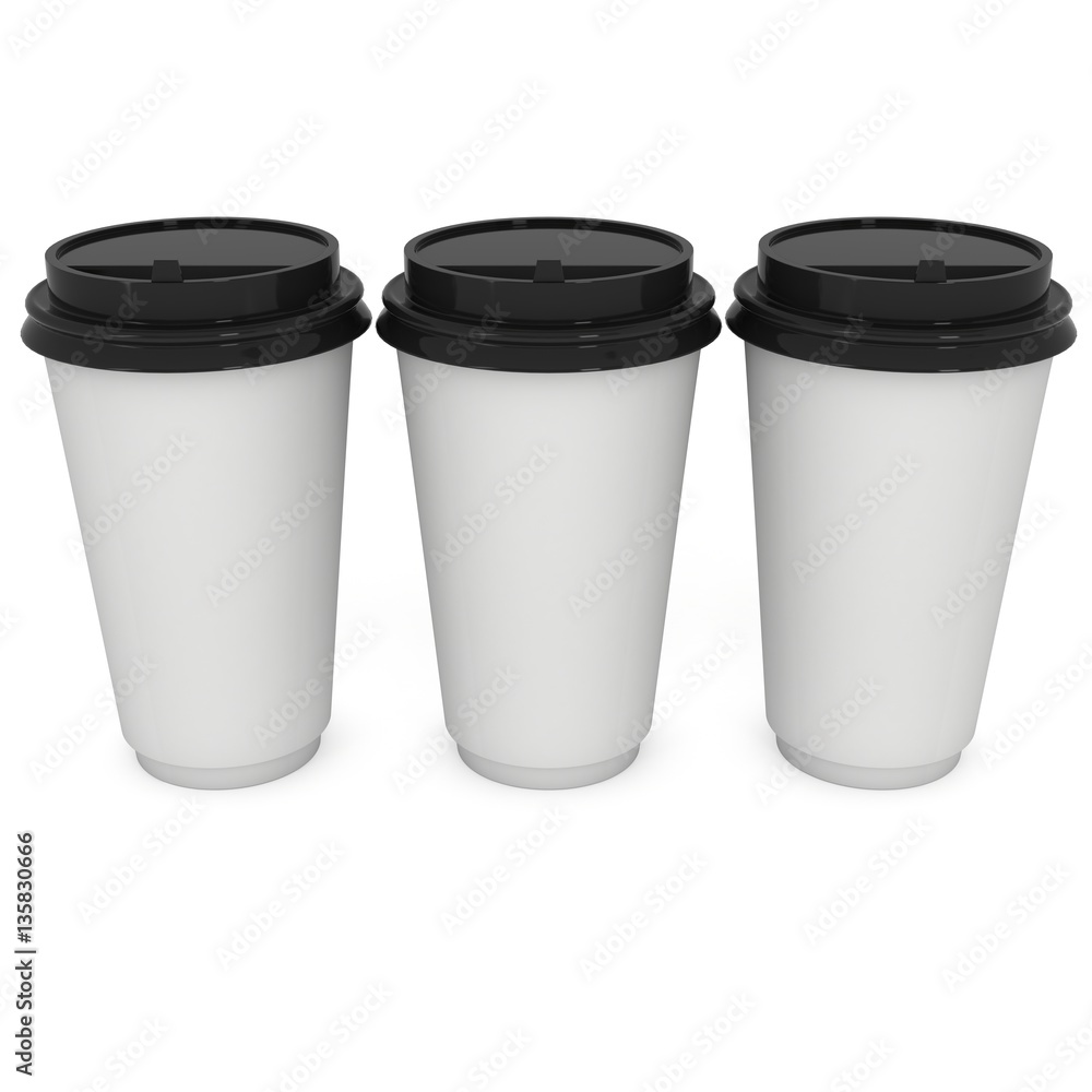 Disposable coffee cups. Blank paper mug. 3d render isolated on white background Disposable coffee cups. Blank paper mug. 3d render isolated on white background