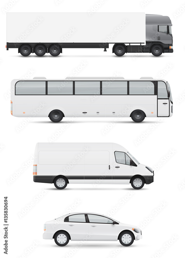 Set of design templates for transport. Mockup of white passenger car, bus and van. Branding for advertising and corporate identity.