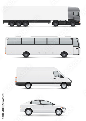 Set of design templates for transport. Mockup of white passenger car, bus and van. Branding for advertising and corporate identity.