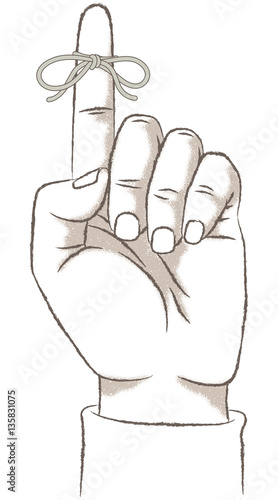 Reminder string on finger, retro.  Vector illustration of a hand with a small ribbon tied around his forefinger. Retro look illustration with a rough texture.