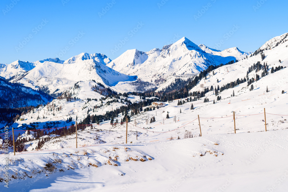 View of mountains covered with snow in Obertauern ski resort, Austria