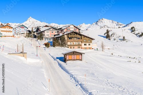 Guesthouses and hotels in Obertauern mountain village in winter season, Austria