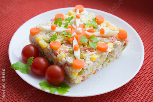 Salad of boiled chicken with boiled carrots, potatoes, egg and cucumber 