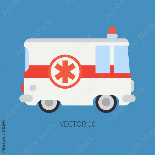 Plain flat plain vector icon ambulance car. Emergency assistance vehicle. Cartoon style. Reanimation. Maintenance. Paramedics. Medicine. Hospital. Rescue. Illustration and element for your design.