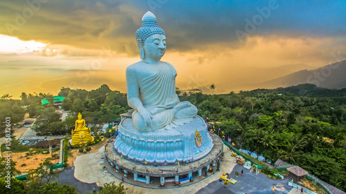 aerial photography  sunset at Phuket s big Buddha while raining is coming to big Buddha