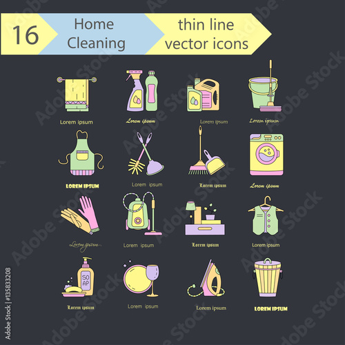 House cleaning color thin line vector icon set. For  companies, laundries and dry cleaners service.