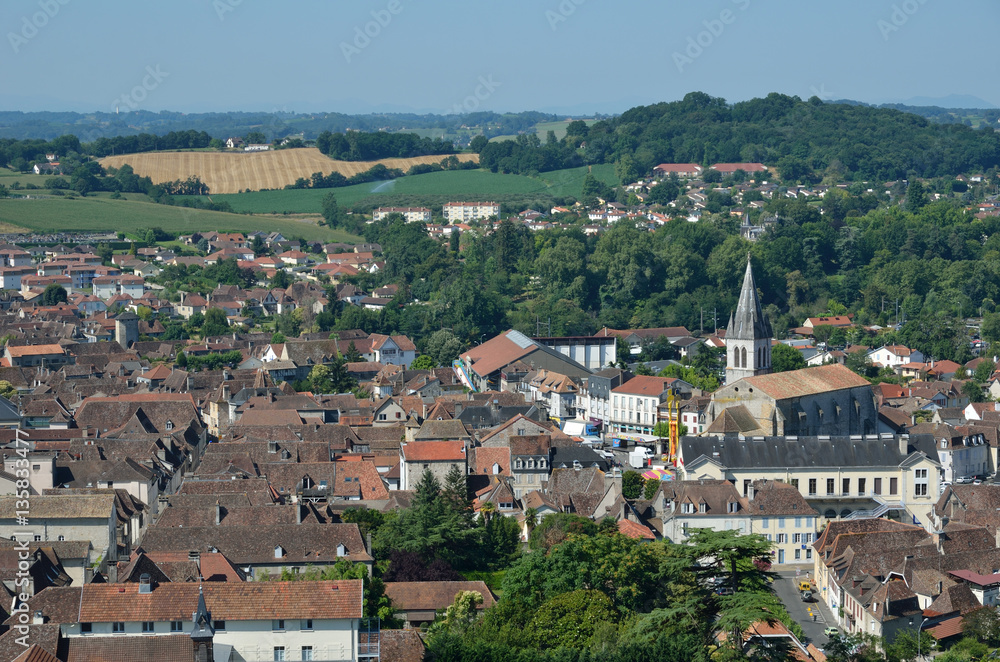 Ancient French town Orthez and its outskirts from above