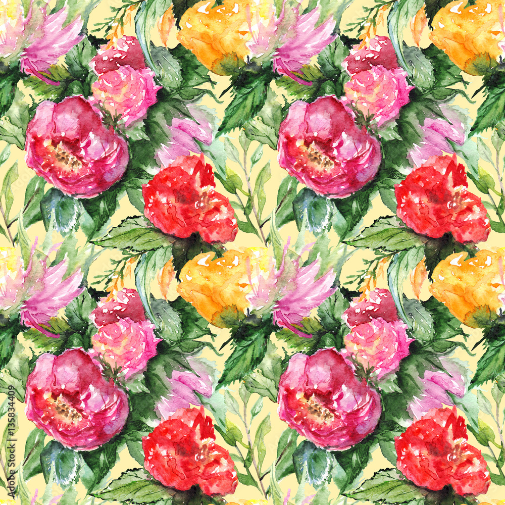 Watercolor flower floral peony rose seamless pattern textile background