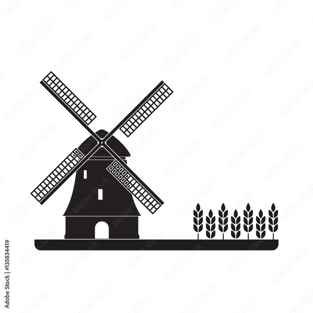 Fototapeta premium Windmill and wheat ears. Mill symbol. Agriculture landscape. Vector illustration in flat style.