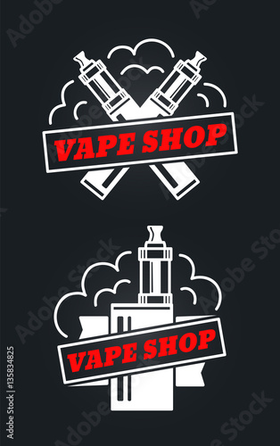 vape shop hipster vintage retro logo vector design. white logo isolated on white background. Vaping, vaporize, vapor, vaporizer, vape, e-cigarette, e-cig icon set