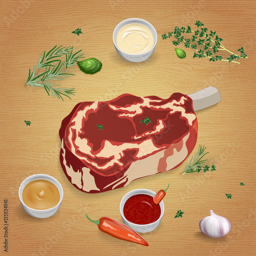 Beef steak with delicious sauces and spices