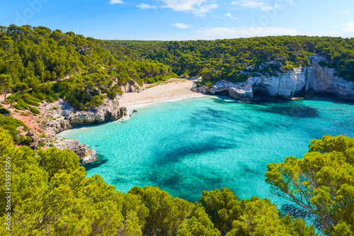 View of Mitjaneta beach with beautiful turquoise sea water, Menorca island, Spain