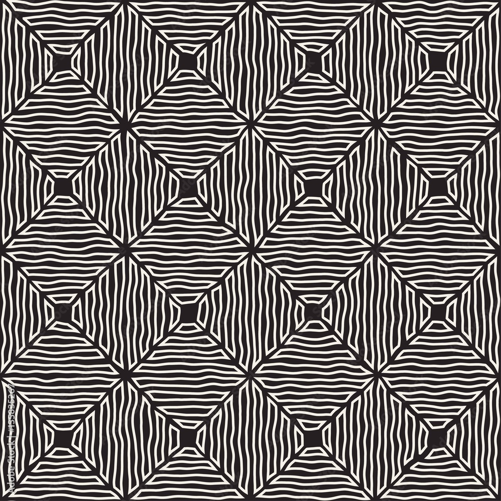 Rhombus Rough Hand Drawn Lines. Vector Seamless Black and White Pattern