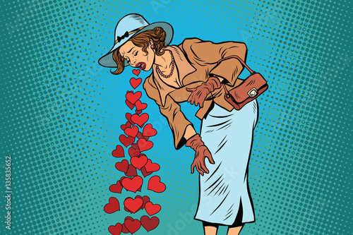 Beautiful retro woman vomiting Valentines heart
