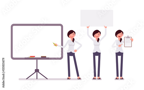 Set of female clerk in formal wear with frames, copyspace