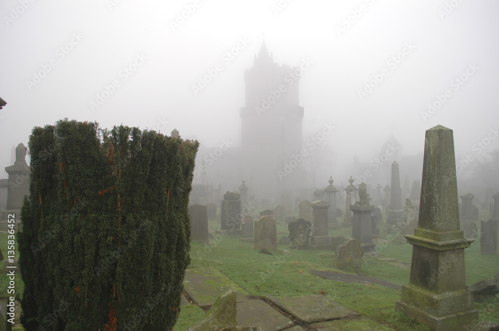 Spooky Grave yard with Yew Shrub in foreground and church outline in mist.