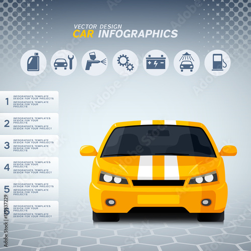 Automotive infographics design with generic yellow sports car and auto service icons