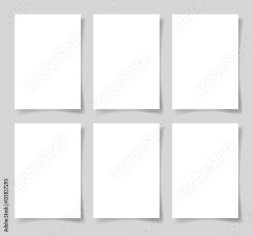 6 pieces blank A4 sheet of white paper with the shadow