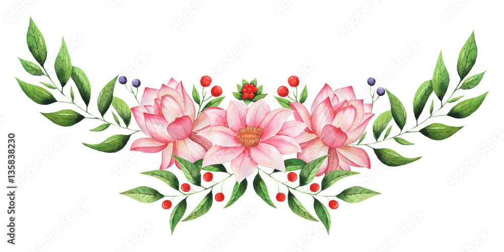 Hand painted watercolor charming combination of Flowers and Leaves Hand painted watercolor charming combination of Flowers and Leaves