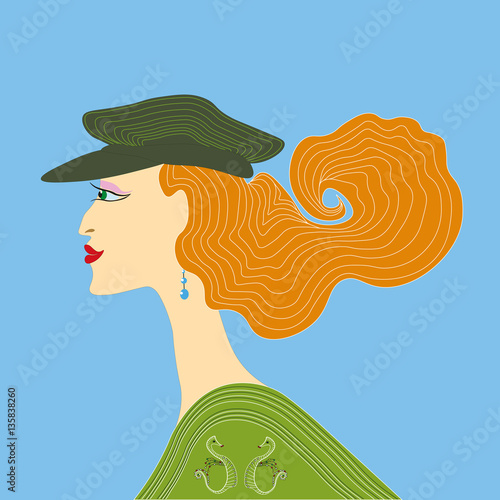 vector illustration of a pretty fashion woman in cap wth long red hair