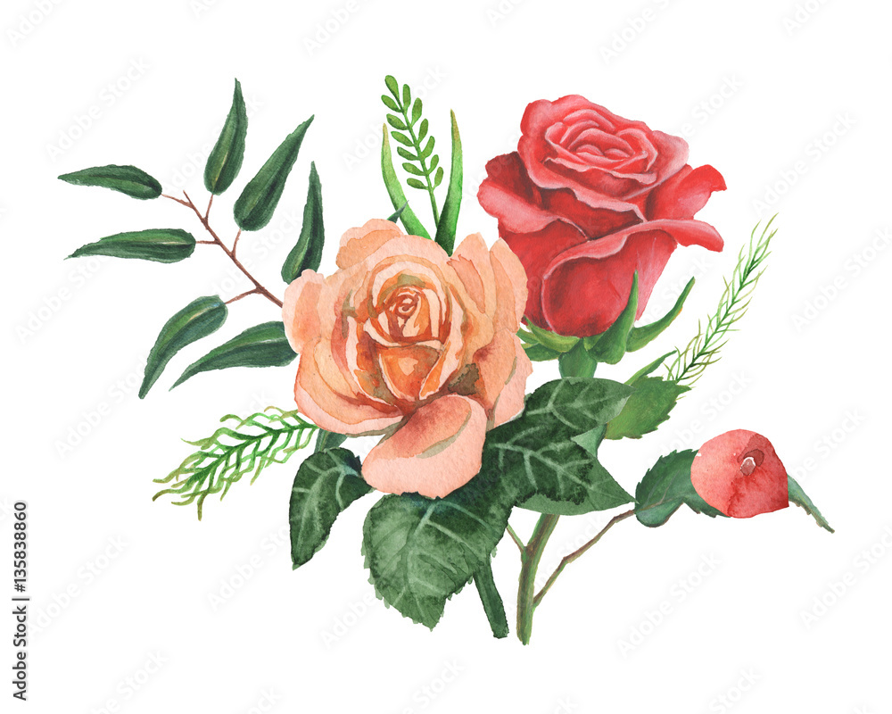Naklejka premium Hand painted watercolor charming combination of Flowers and Leaves