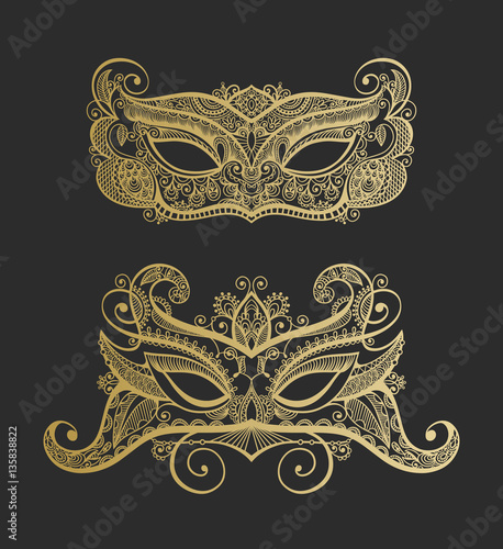 set of two gold lineart venetian carnival lace mask silhouette