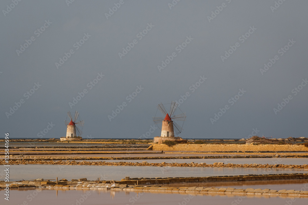 Salt windmills near Marsala, Sicily, Italy
