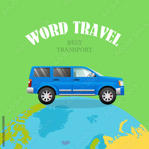 Blue Car on Planet. Green Background. World Travel