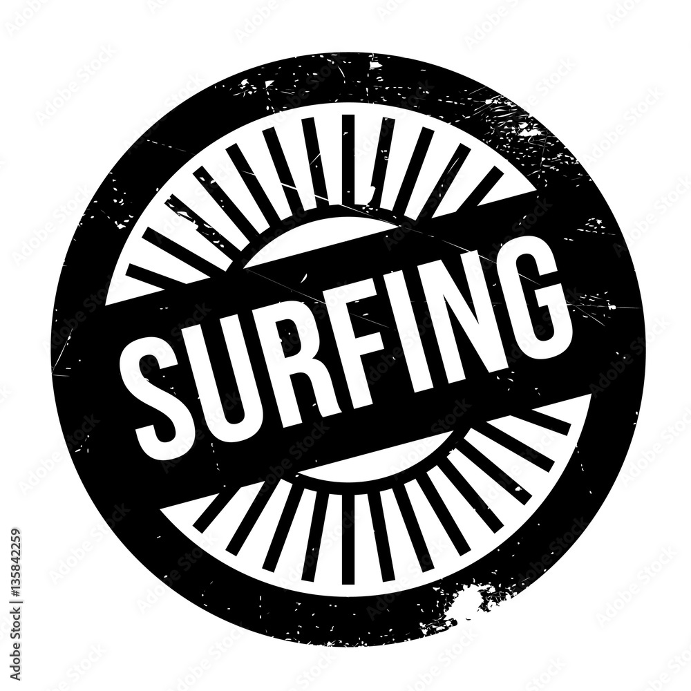 Surfing stamp. Grunge design with dust scratches. Effects can be easily removed for a clean, crisp look. Color is easily changed.