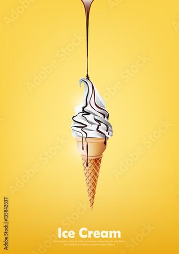 Milk ice cream in the cone, Pour chocolate syrup, transparent Vector