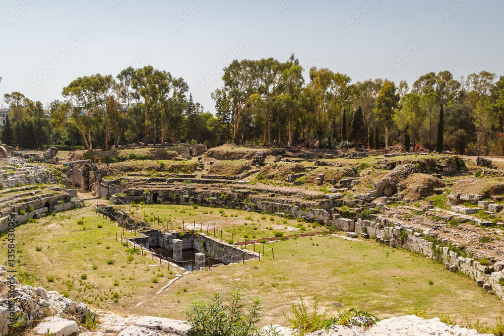 Ruins of the ancient amphitheatre in the historic centre of Syra
