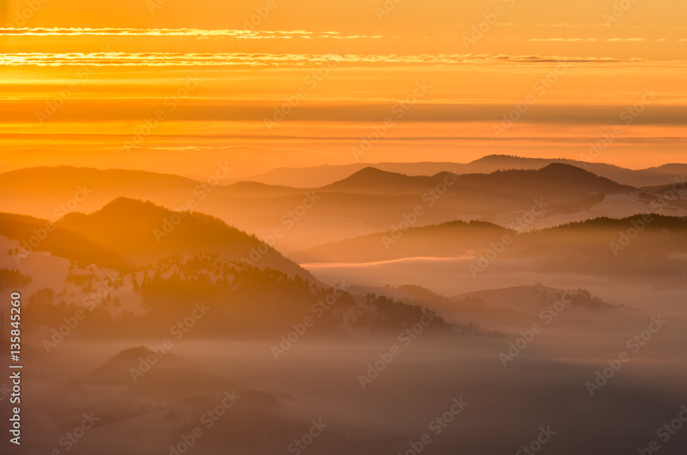 Morning panorama from Luban peak in Gorce mountains, Poland