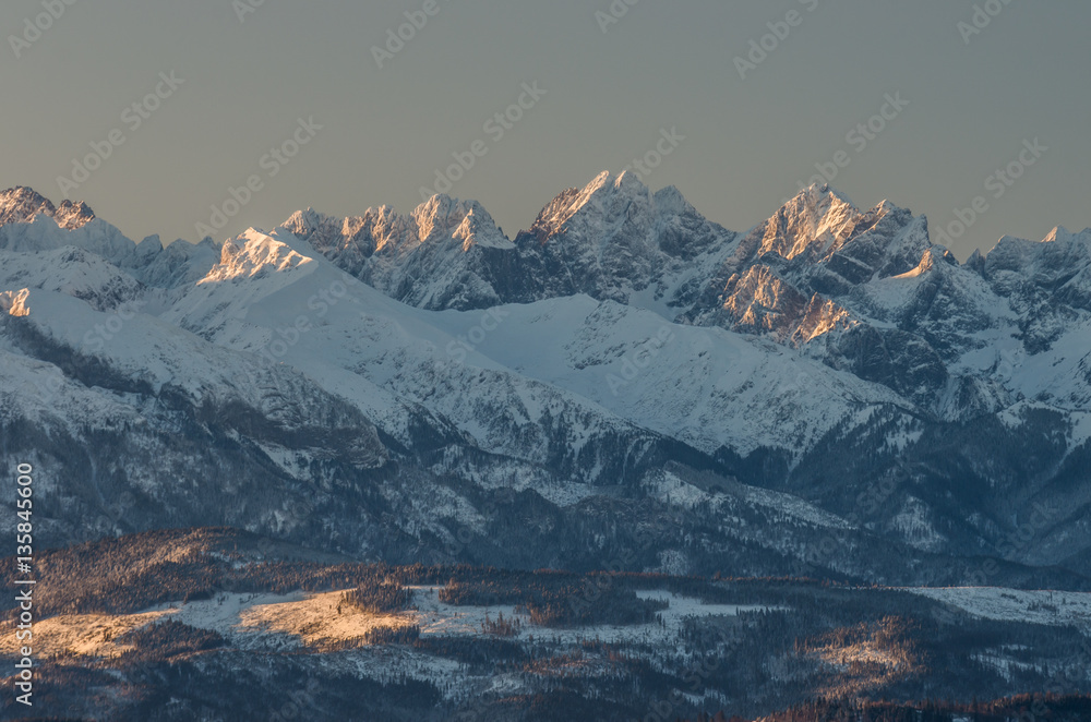 Beautiful winter panorama over Spisz highland to snowy Tatra mountains in the morning, Poland