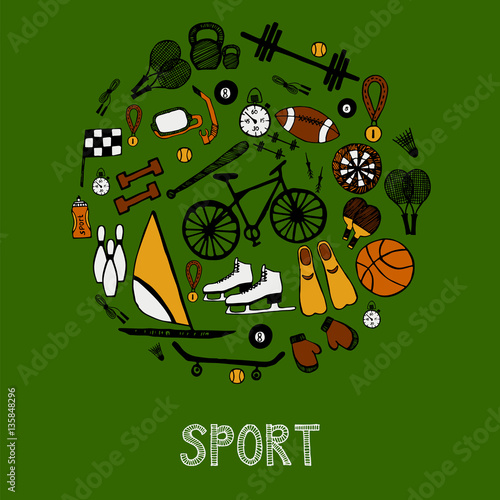 Round card with sport hand-drawn icons.